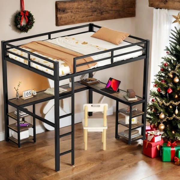 slide 2 of 15, Full Metal Loft Bed with Desk and Shelves,Loft Bed Frame for Bedroom, Black with Vintage Wood Black