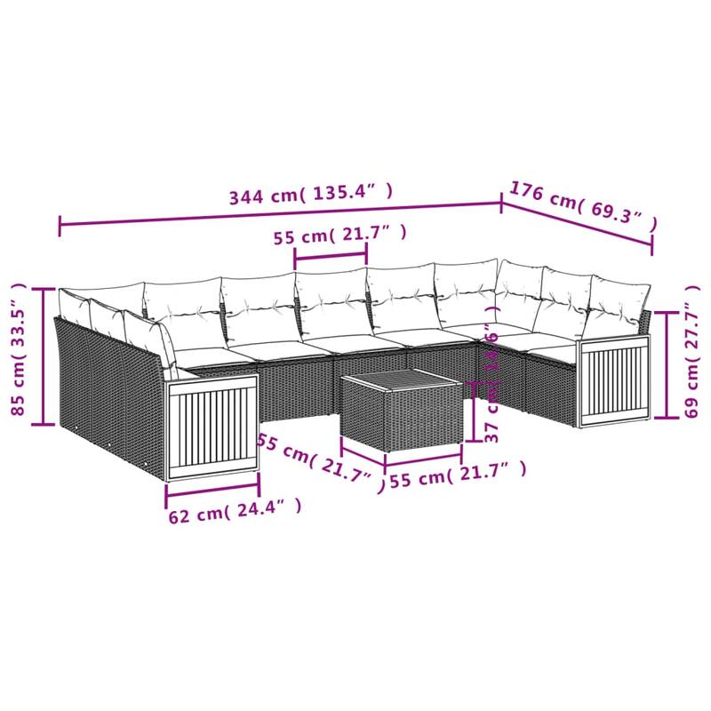 vidaXL 11 Piece Patio Sofa Set with Cushions Gray Poly Rattan - 134.4x27.2x91.0