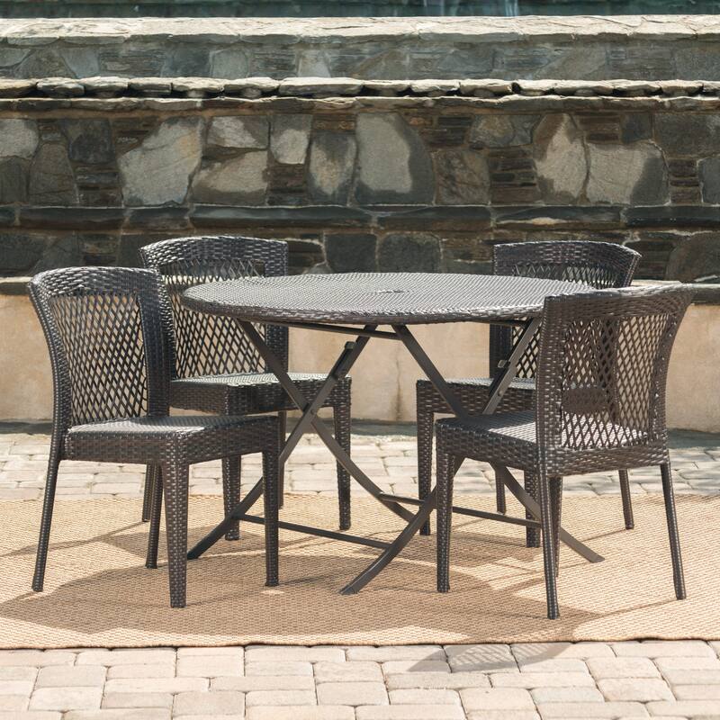 Rai Outdoor 5-Piece Round Foldable Wicker Dining Set with Umbrella Hole by Christopher Knight Home
