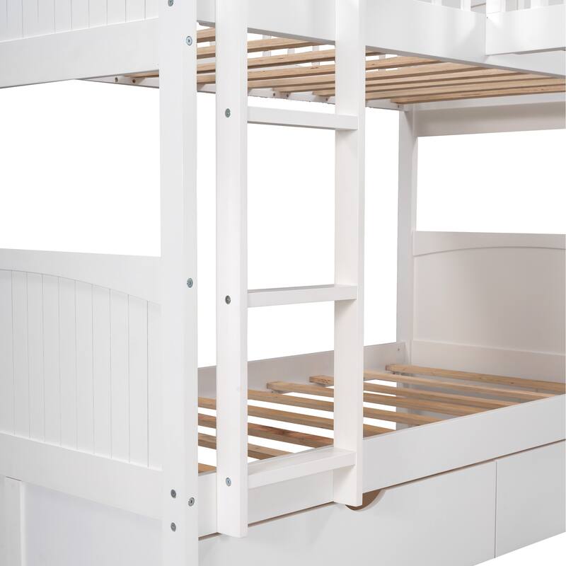 Twin Size L-Shaped Triple Bunk Bed with a Loft Bed Attached, Twin Over Twin Wood Triple Bed Bunk Beds with 2 Ladders & 2 Drawers