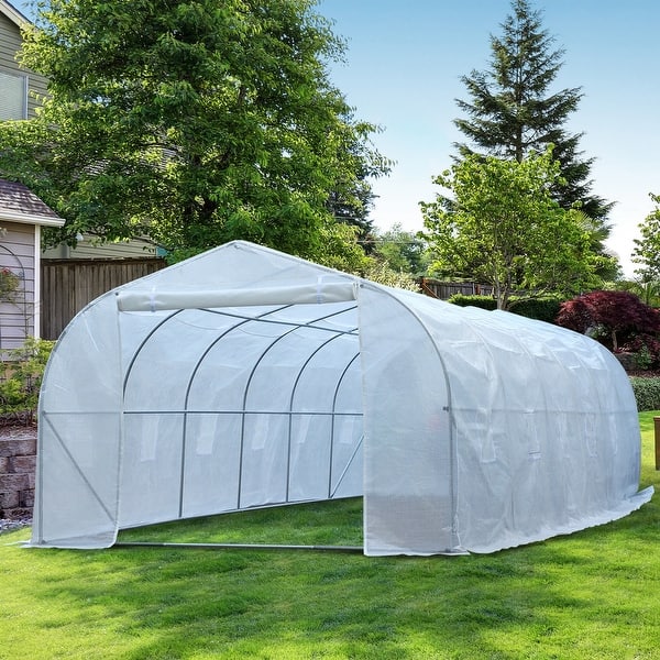 slide 1 of 7, Outsunny Large Outdoor Heavy Duty Walk-in Greenhouse - White
