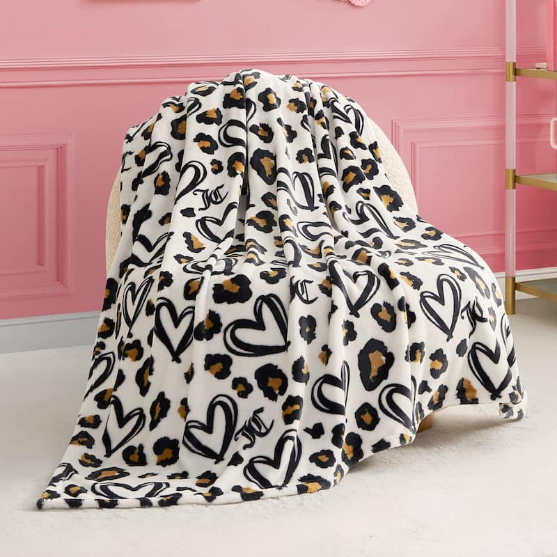 Juicy Couture Printed Plush Throw Blankets - White/Black/Gold - 50"x70"