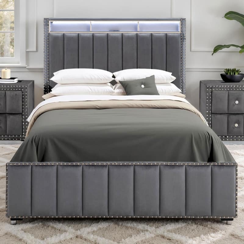 247 Shop At Home Fynor Modern 3-Piece Velvet Queen Storage Platform Bedroom Set