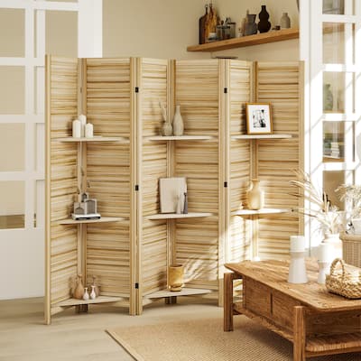 HOMCOM Room Divider, 6 Panel 67" Tall Wood Privacy Screen with 3 Display Shelves, and Folding Storage for Bedroom, Gray