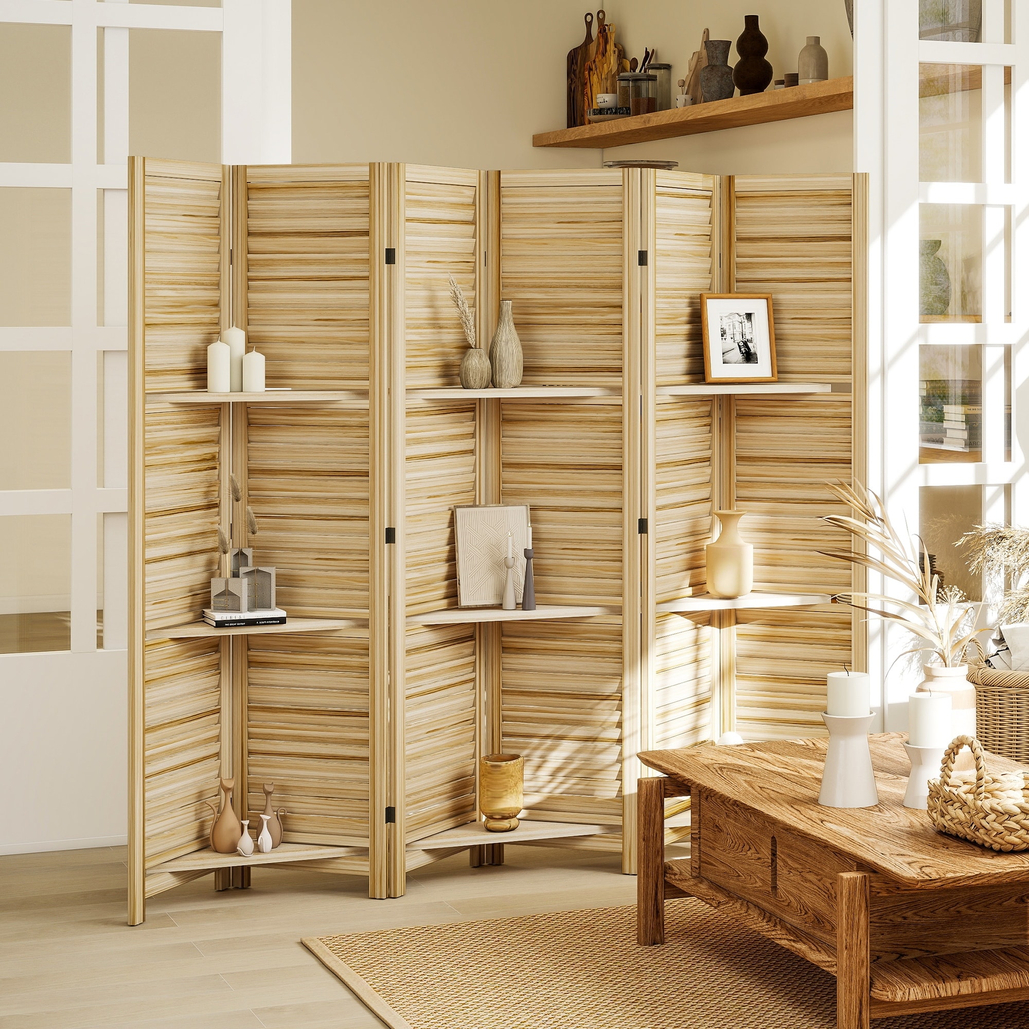 HOMCOM Room Divider, 6 Panel 67" Tall Wood Privacy Screen with 3 Display Shelves, and Folding Storage for Bedroom, Gray