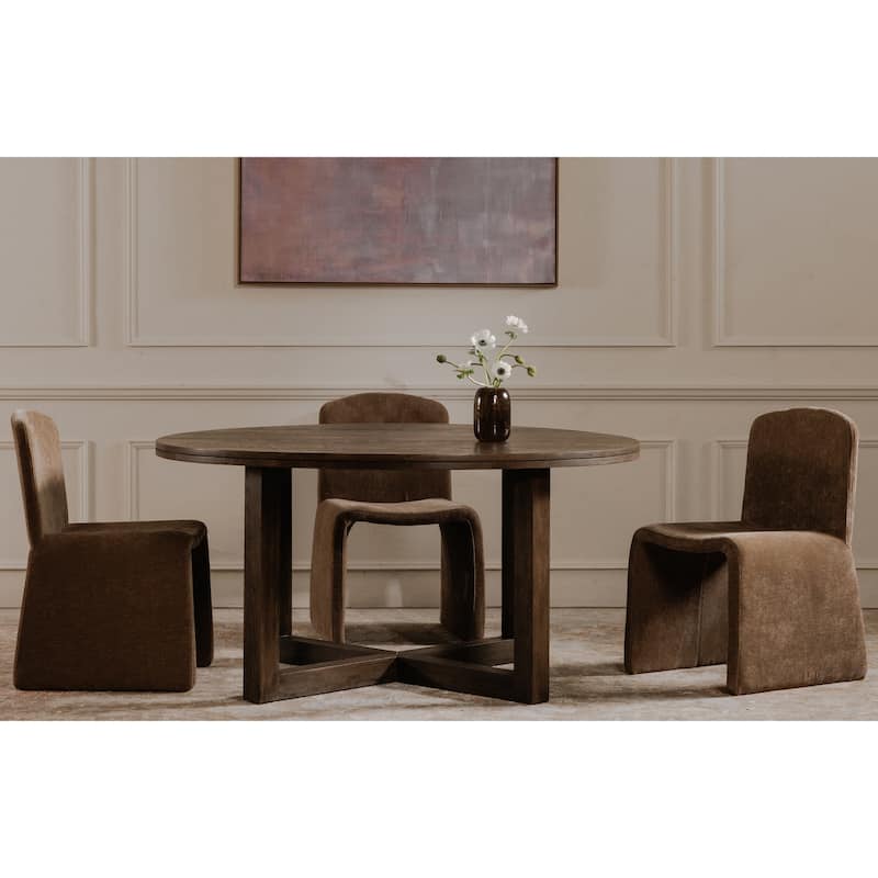 NADAAL STUDIOS Arlisse Dining Table for 6, Round Oak Wood Top, Dual-Layer Top with V-Groove Iron Crossing Base, Dark Brown