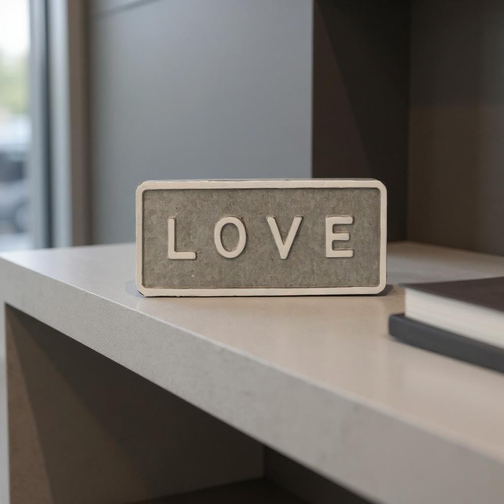 HomeRoots 4" Gray And White Galvanized Metal Love Hand Painted Tabletop Sign - 8.62 in. x 4.00 in. x 1.38 in.