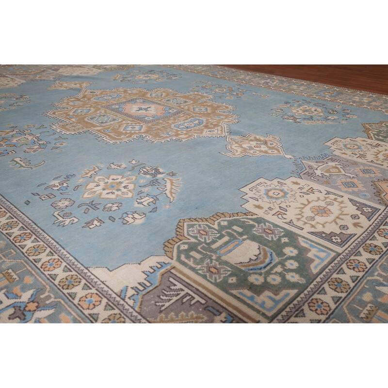 Light Blue Geometric Tabriz Persian Vintage Rug Handmade Wool Carpet - 9'7"x 12'8"