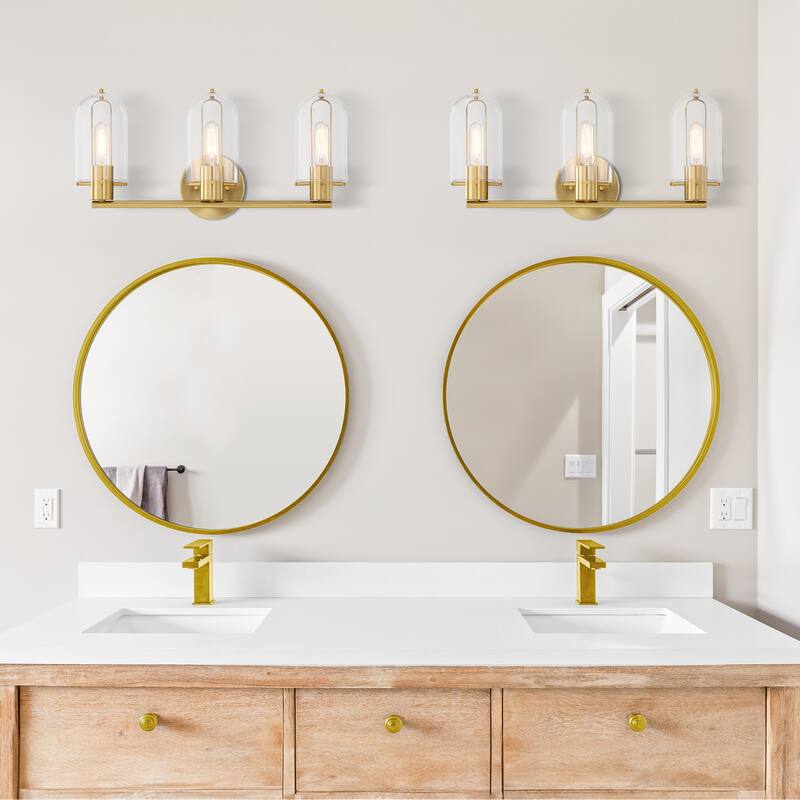 Skylar 24.5 in. 3-Light Brushed Gold Vanity Light with Clear Glass Shades for Bathrooms