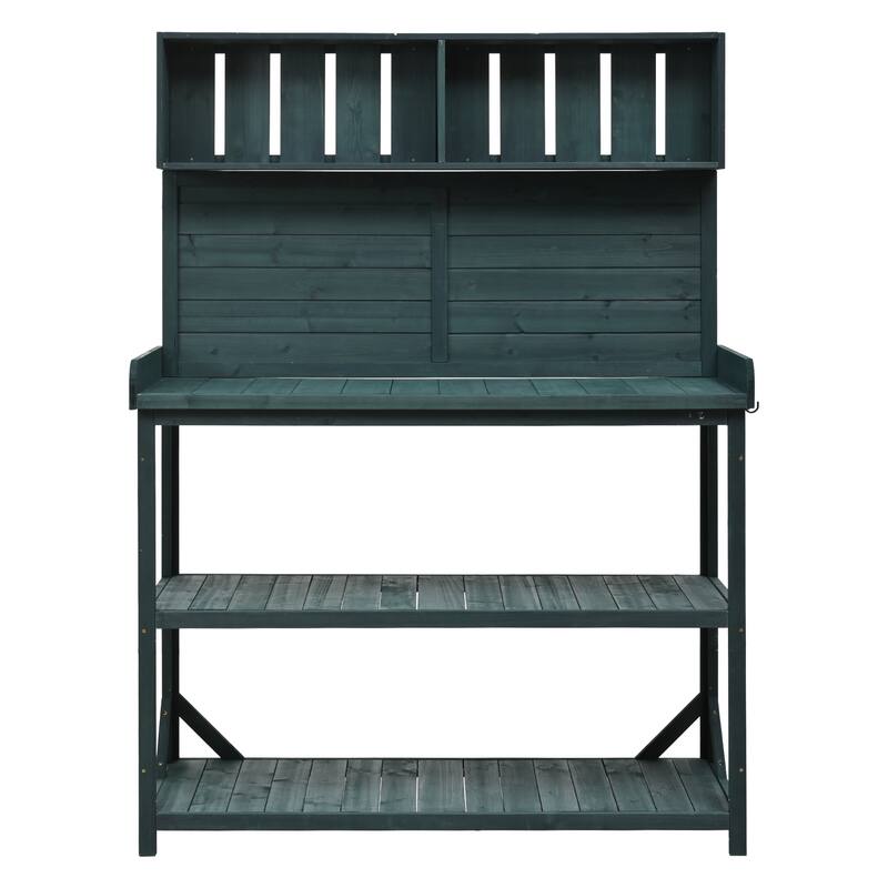 65" Large Patio Wooden Workstation Garden Potting Bench Table with 4 Storage Shelves and Side Hook
