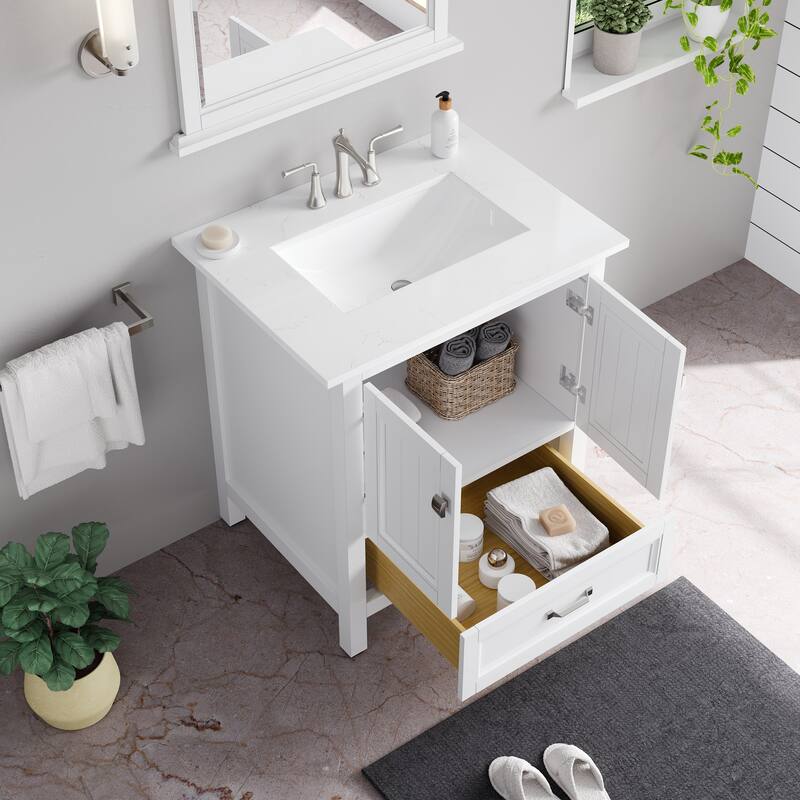 Britney 30 in. White Single Sink Bath Vanity with Carrara Quartz Top and Undermount Porcelain Sink - 30"