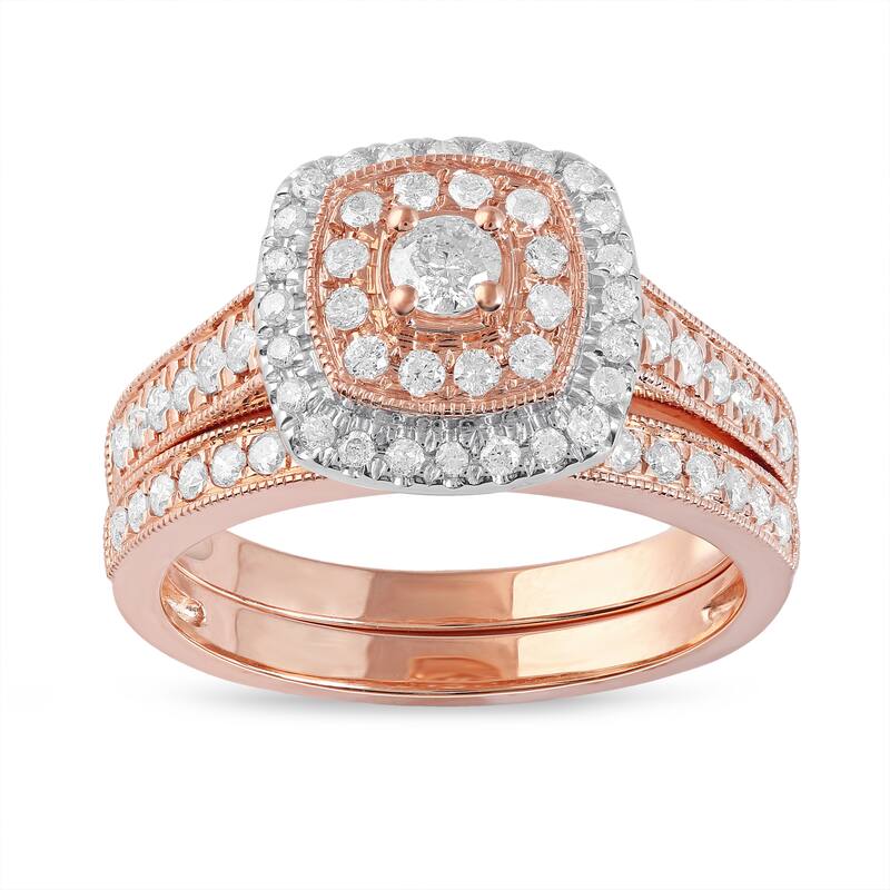 3/4ct TDW Diamond Double Halo Bridal Set in 14K Rose Gold for Women