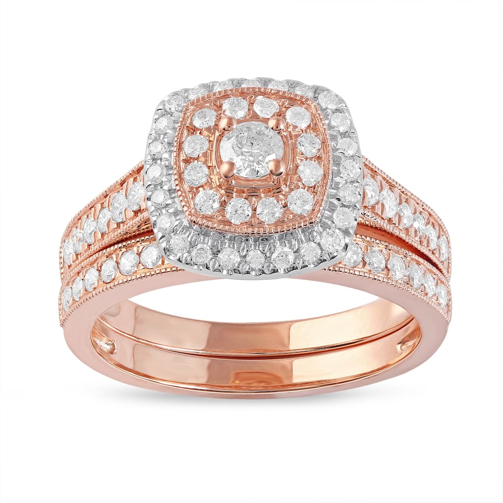3/4ct TDW Diamond Double Halo Bridal Set in 14K Rose Gold for Women