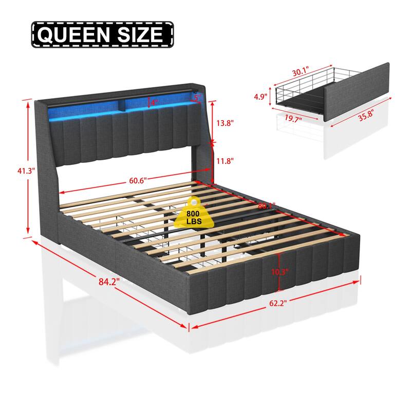 Queen Size Bed Frame with LED Lights, Storage Drawers, and Wings Headboard in Dark Grey
