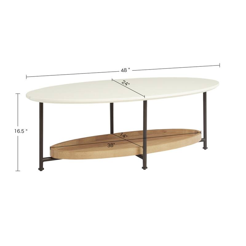Roomfitters 48-Inch Oval Coffee Table, Contemporary White Top with Natural Wood Lower Shelf and Black Metal Legs
