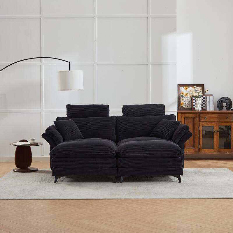 85.8'' Modern Corduroy Upholstered Sectional Sofa with Ottomans, Black