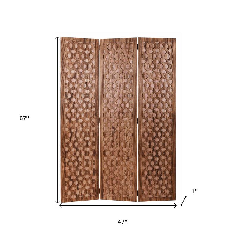 HomeRoots 67" Brown Folding Three Panel Screen Room Divider - 47' X '67' X '1