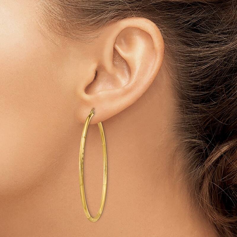 Curata 14k Yellow Gold Satin and Sparkle Cut 52x2mm Round Tube Hoop Earrings