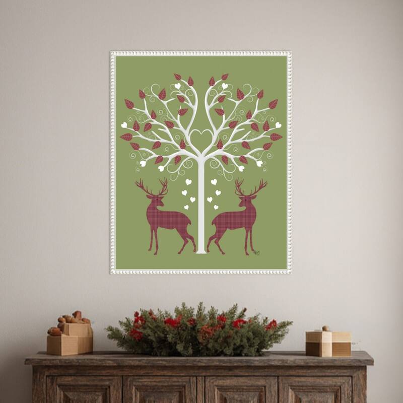 Christmas Des Deer and Heart Tree Pink On Green by Fab Funky (23 x 28 in.), Framed Canvas Wall Art Print - Sylvie Beaded White
