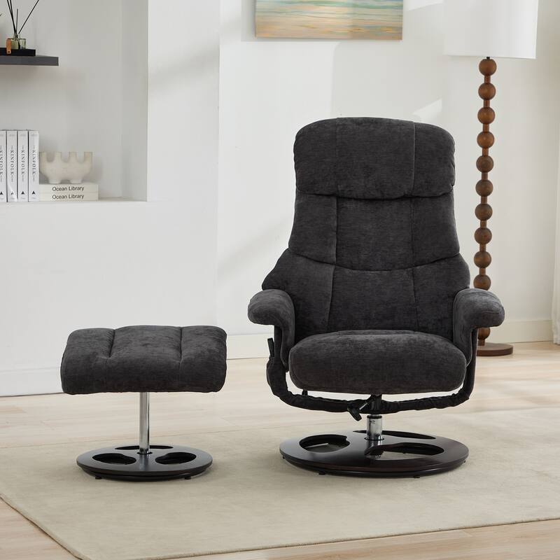 Recliner Chair with Ottoman, Modern 360° Swivel Lounge Chair with Footstool, Chenille Fabric, 5 Point Vibration Massage