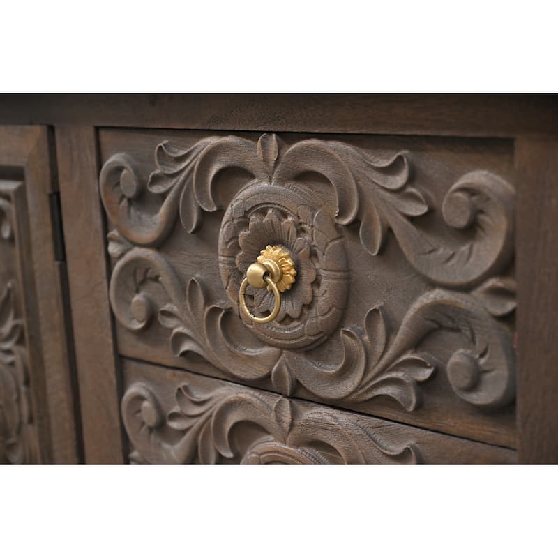 HomeRoots 106" Brown Distressed Solid Wood Carved Floral Three Drawer Sideboard with Four Doors