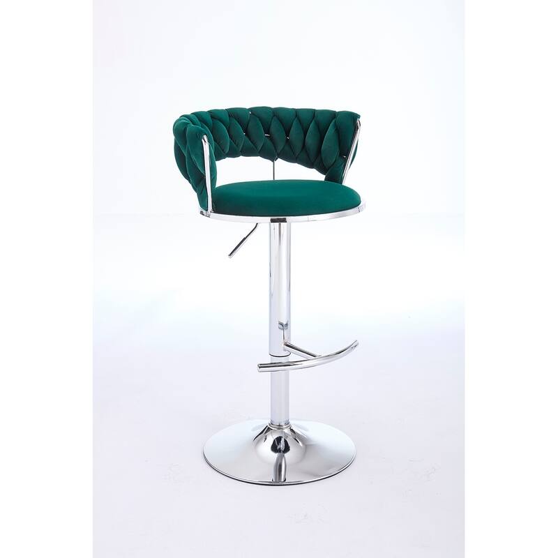 Set of 2 Bar Stools,with Chrome Footrest and Base Swivel, Height Adjustable, Velvet Upholstered + Chrome Leg Simple Bar Stool