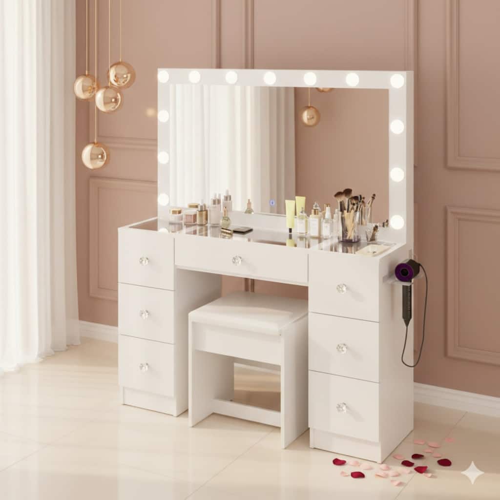 Modern White Makeup Vanity Desk with 13 Dimmable Lights, Glass Top, USB-A & USB-C, 7 Drawers, Hair Dryer Holder, and Stool