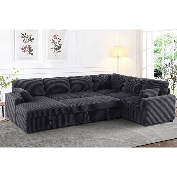 Oversized Upholstered Corduroy Sleeper Sectional Sofa With Storage Chaise