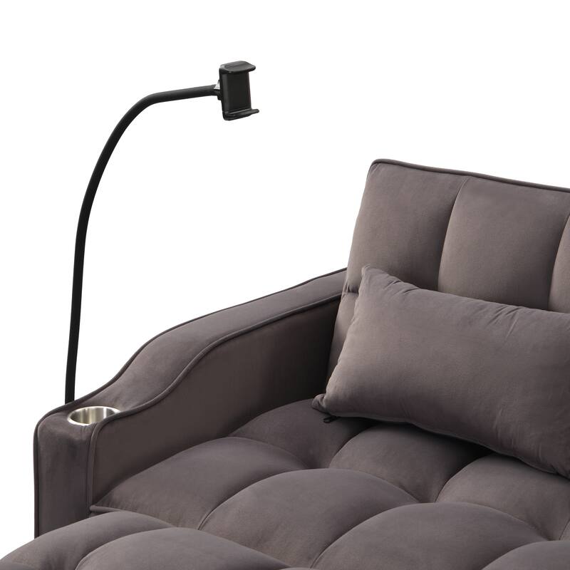 Charcoal Grey Velvet Sofa Bed with Trundle Full Size Convertible Adjustable Back USB Charging Easy Assembly