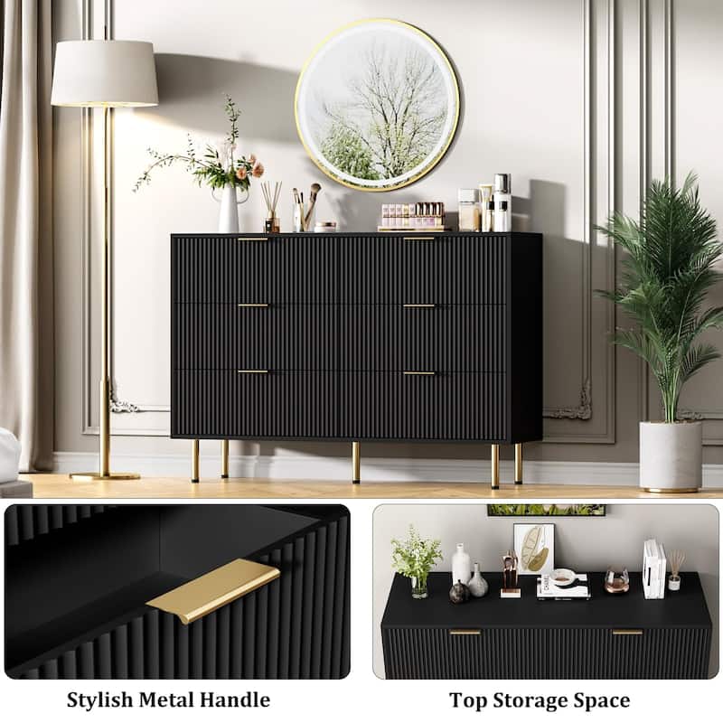 6 Drawer Fluted Dresser for Bedroom, Modern Wooden Storage Chest with Gold Handles