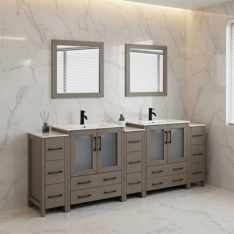Vanity Art 96" Double Sink Bathroom Vanity Set 13 Dove-Tailed Drawers 5 Cabinets 2 Shelves, Soft-Closing Doors with Free Mirror