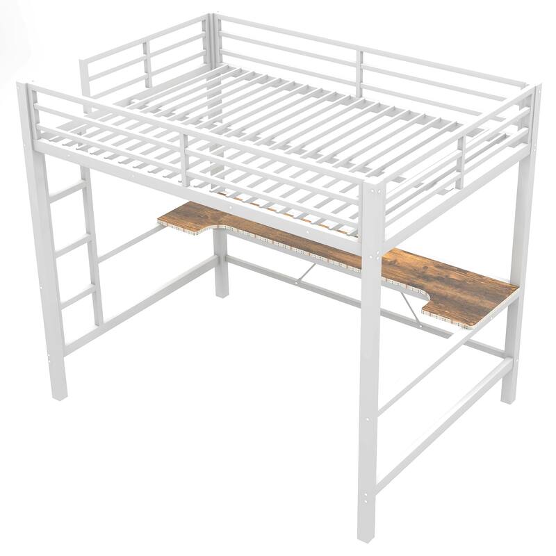 Gaming Loft Bed with RGB LED Light & USB Charge Station, Metal Loft Bed Frame w/Built-in Desk & Full-Length Guardrails