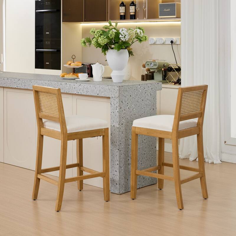 Linen Upholstered Full Solid Wood Bar Stools Set of 2, Bar Stool with Rattan Back, Breakfast Bar Chairs with Footstool