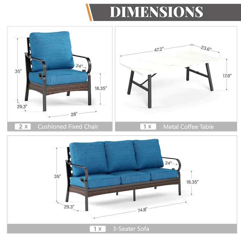MAISON ARTS 5-Seat Outdoor Patio Furniture Sets, 2 x Cushioned Chairs, 1 x 3-Seat Sofa with Marbling Coffee Table