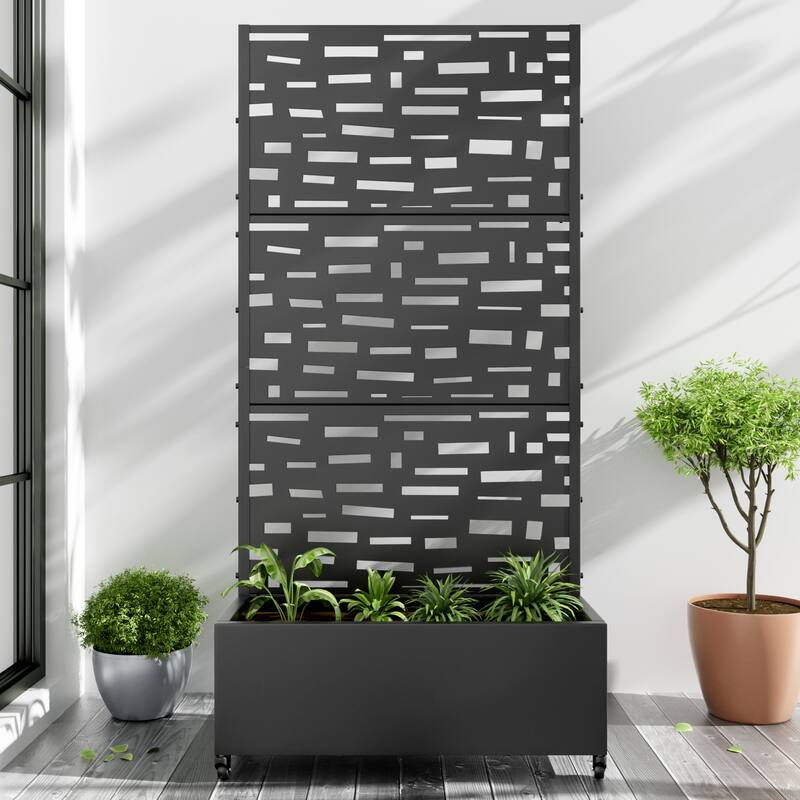 Metal Movable Planter Box with Trellis Privacy Screen Planter Box with Lockable Wheels - Black2