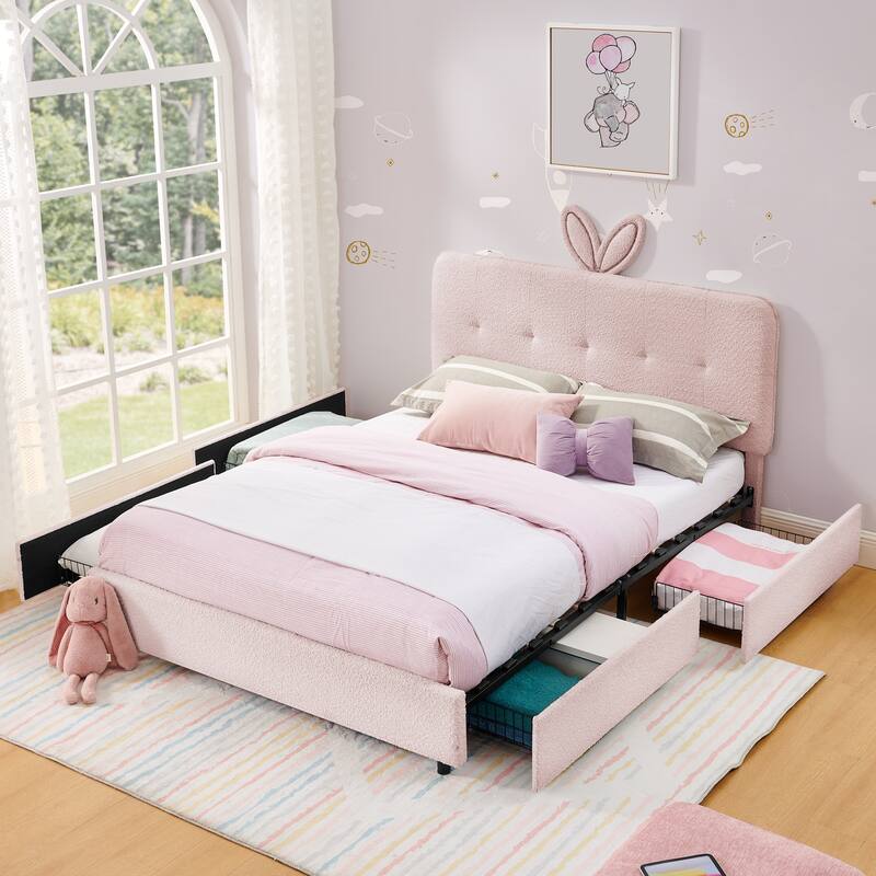 Kids Boucle Upholstered Bed with Rabbit Ear Headboard, LED Music Sync & 4 Drawers