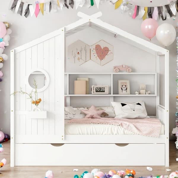 slide 2 of 12, Twin Size House Bed with Trundle and Storage Shelf White