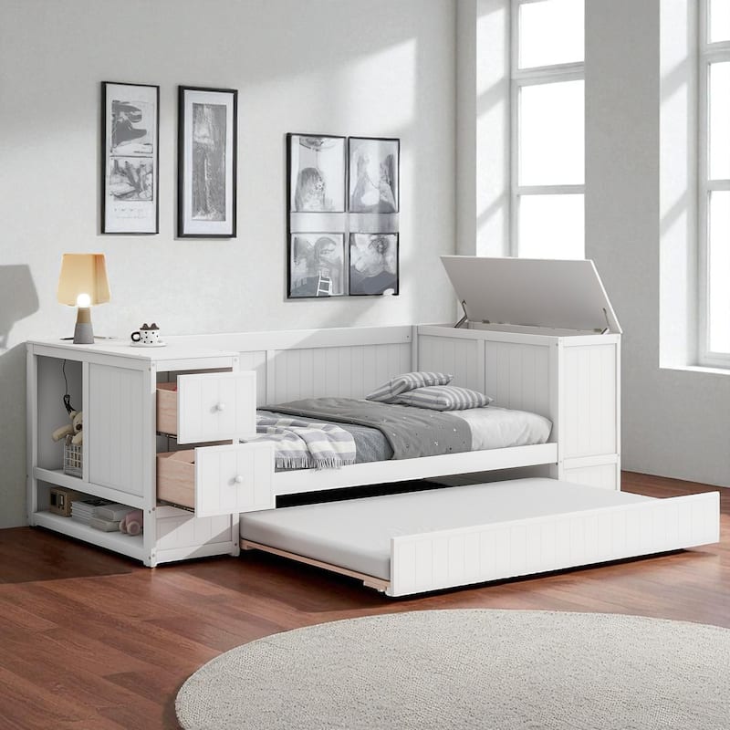 Twin Size Daybed with Storage Arms, Trundle and Charging Station, Solid Wood Frame with Drawers and USB Ports