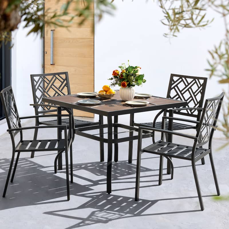 5-Piece Metal Patio Dining Set with Umbrella Hole and 4 Stackable Chairs