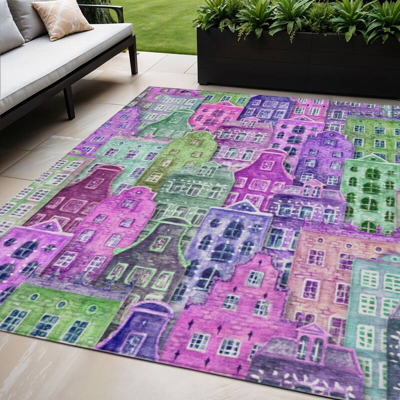 HomeRoots Village Houses Transitional Rectangle Outdoor Rug - 5' X 8'