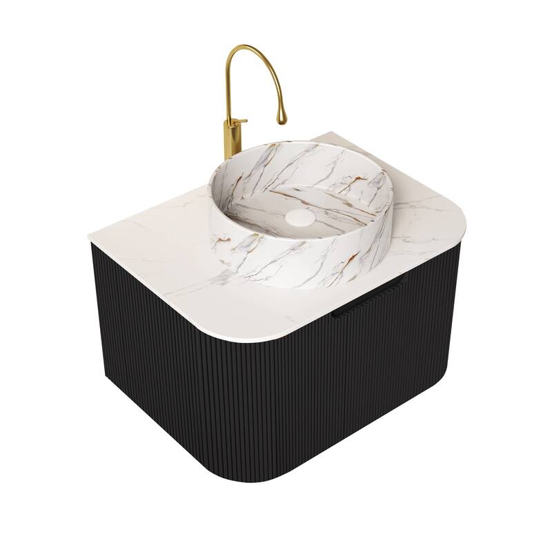 24 Inch/30 Inch/36 Inch Wall-Mounted Bathroom Vanity Cabinet with Counter Top Sink, Round Ceramic Basin with Stone Pattern