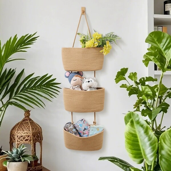 Javlergo 3-Tier Over the Door Hanging Basket, Woven Cotton Rope