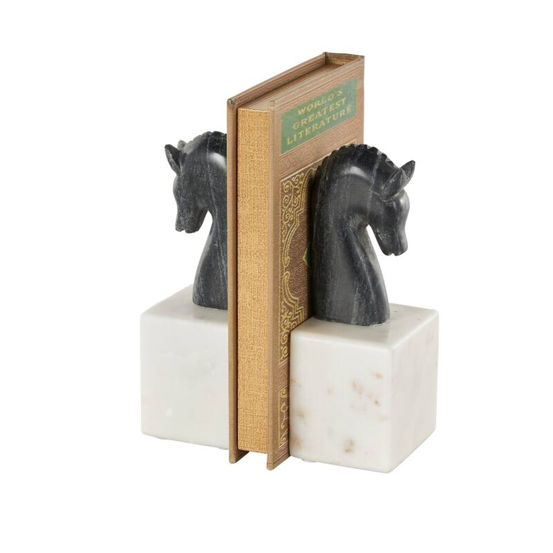 Marble Horse Distressed Bookends with White Block Bases - Set of 2 Black - Roche River Decor