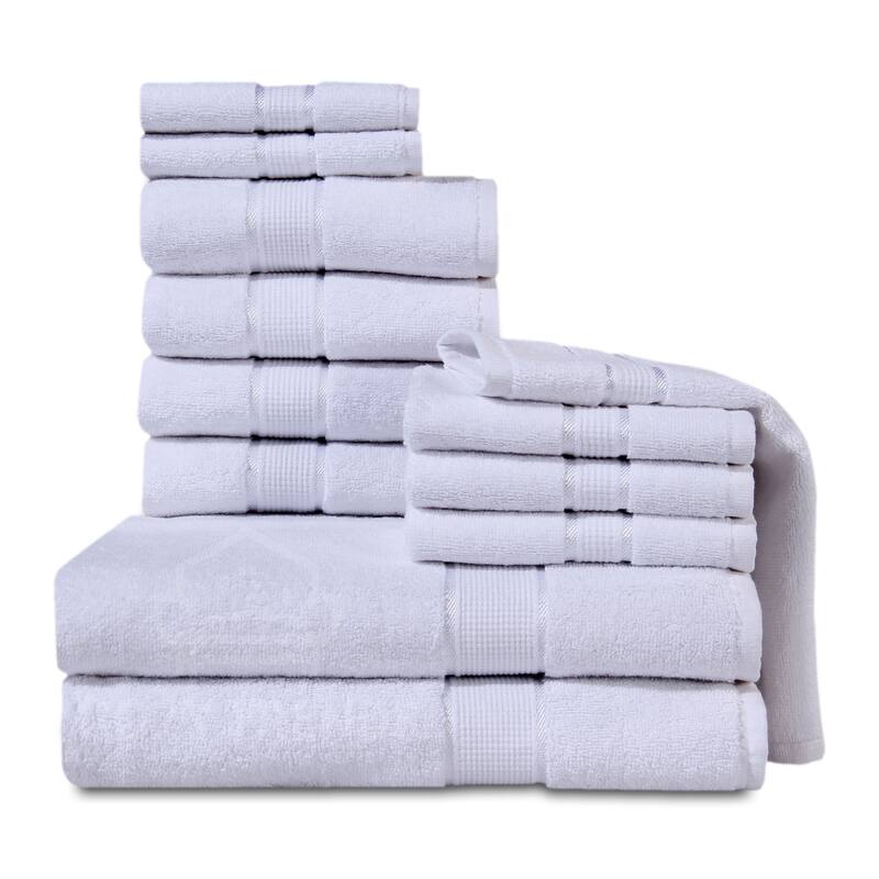 12 Piece Towel Set 600 GSM Long-Staple Combed Cotton Absorbent Bath Towels - White