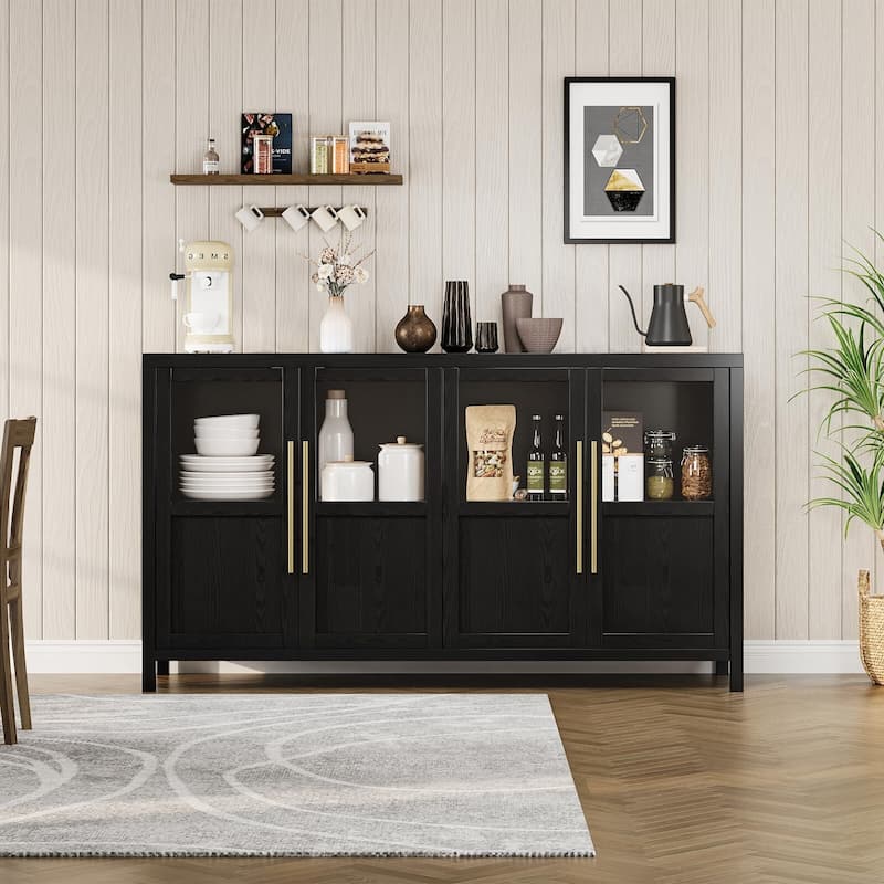 Large Buffet Cabinet with Storage, Sideboard Buffet Cabinet with Glass Doors - Black
