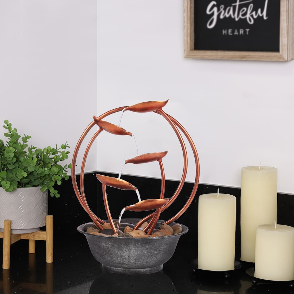 Alpine Corporation 13"H Indoor Multi-Tier Metal Leaf Tabletop Fountain with Stone-Filled Base