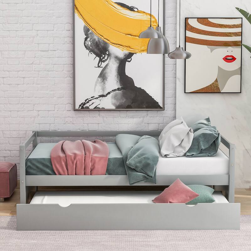 Modern Twin Size Daybed with Trundle, Wooden Frame Set for Guest Room or Bedroom, No Box Spring Required