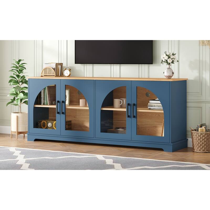 Farmhouse TV Stand with Semi-Arched Glass Doors for TVs Up to 70",Adjustable Shelves,Wood Grain Sideboard with Cable Management