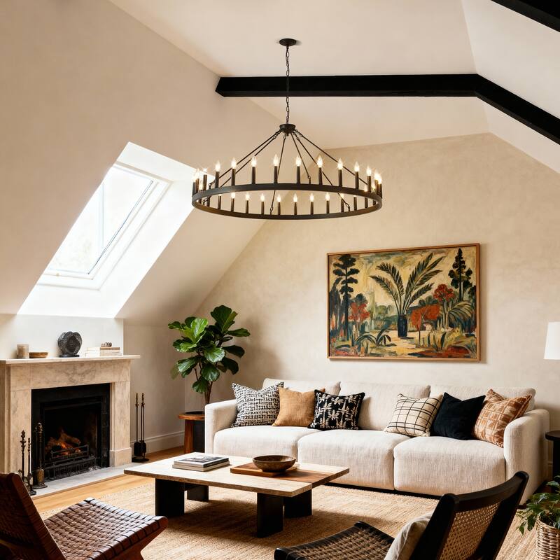 53.15 Inch Matte Black Wagon Wheel Chandelier With 30 Light (No Bulbs)-E12