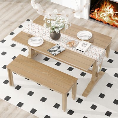 Dining Set, Rectangular Trestle Table and 2 Wooden Benches